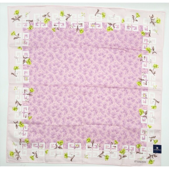 Givenchy Scarf Pink Floral Pattern w/ Monogram Border & Green Floral Accents - Picture 2 of 8